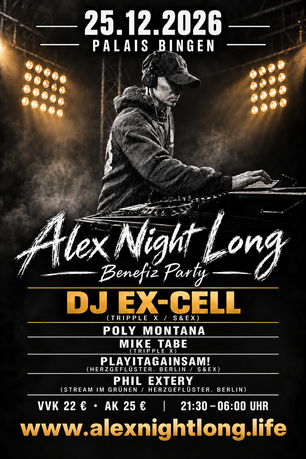 Alex Night Long – Benefizparty am 25.12.2026 im Palais Bingen. 21:30–06:00 Uhr. VVK 22 Euro, Abendkasse 25 Euro.